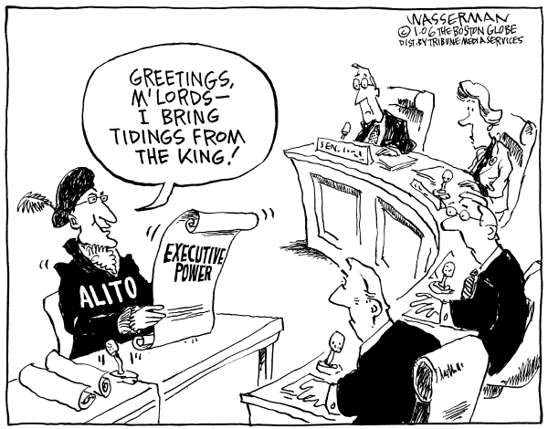 Political cartoon on Samuel Alito Testifies by Dan Wasserman, Boston Globe