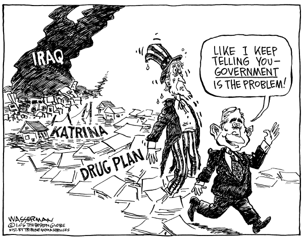 Political cartoon on Bush Takes the Offensive by Dan Wasserman, Boston Globe
