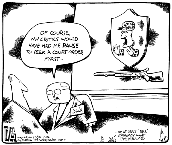 Political cartoon on Cheney Shoots Lawyer by Tom Toles, Washington Post