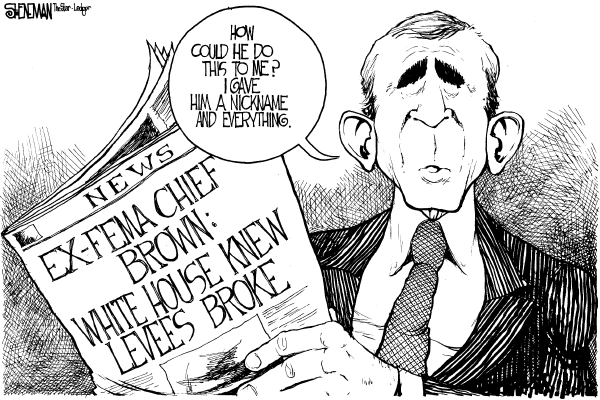 Political cartoon on Katrina Probe Rips Administration by Drew Sheneman, Newark Star Ledger