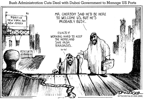 Political cartoon on Dubai to Manage Ports by Jeff Danziger, Cartoonists & Writers Syndicate