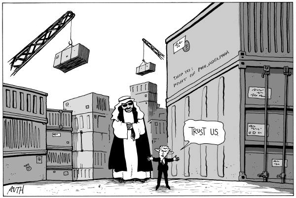 Political cartoon on Dubai to Manage Ports by Tony Auth, Philadelphia Inquirer