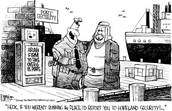 Political cartoon on Dubai to Manage Ports by Rick McKee, The Augusta Chronicle