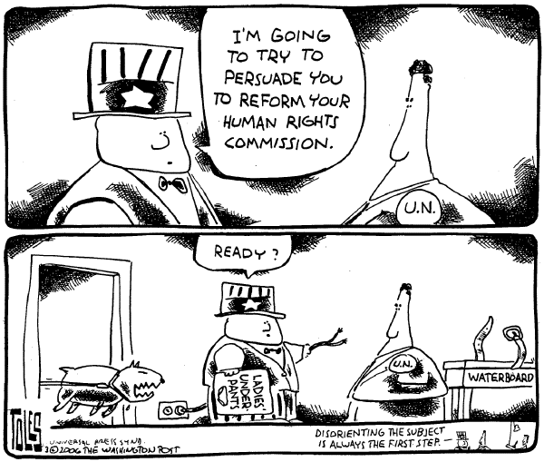 Political cartoon on Positive Developments in Torture Dispute by Tom Toles, Washington Post