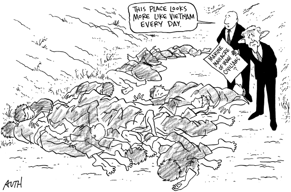 Editorial Cartoon by Pat Oliphant, Universal Press Syndicate on Marines Massacre Iraqi Civilians