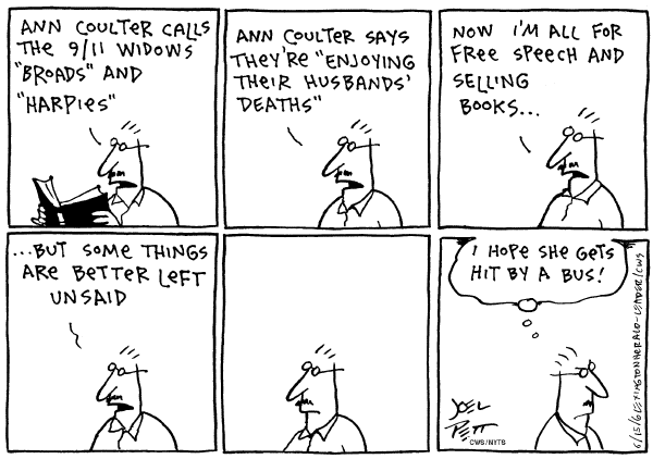 Editorial Cartoon by Joel Pett, Lexington Herald-Leader, CWS/CartoonArts Intl. on Coulter Criticizes 9/11 Widows