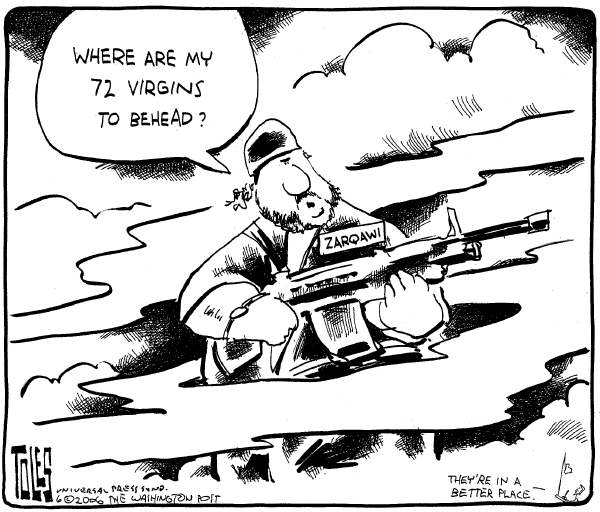 Editorial Cartoon by Tom Toles, Washington Post on Zarqawi Killed, Turning Point at Hand
