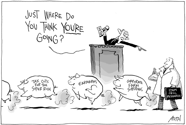 Editorial Cartoon by Tony Auth, Philadelphia Inquirer on Bush Vetoes Stem Cell Bill