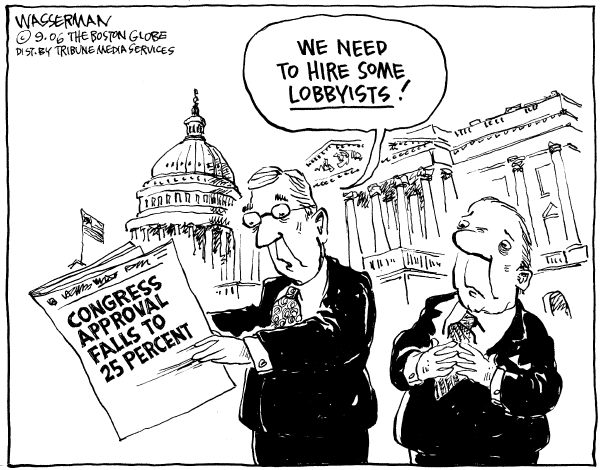 Editorial Cartoon by Dan Wasserman, Boston Globe on Cogress Approval Rating Plummets