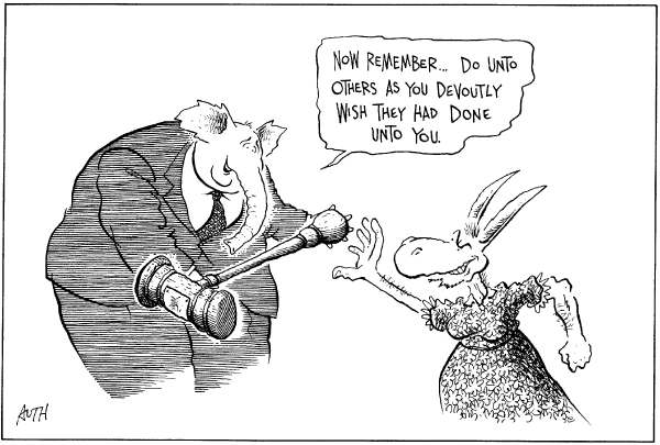 Editorial Cartoon by Tony Auth, Philadelphia Inquirer on Bi-partisanship Era Begins