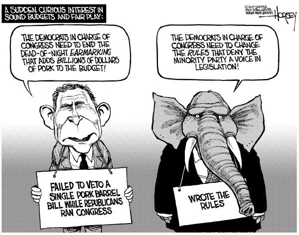 Editorial Cartoon by David Horsey, Seattle Post-Intelligencer on Bi-partisanship Era Begins