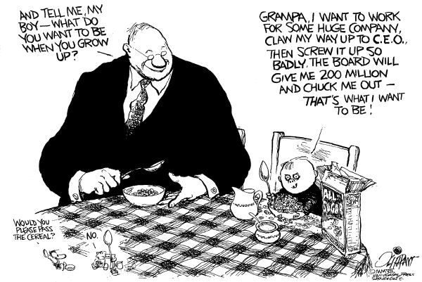 Editorial Cartoon by Pat Oliphant, Universal Press Syndicate on Home Depot CEO Is Canned