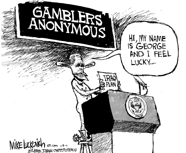Editorial Cartoon by Mike Luckovich, Atlanta Journal-Constitution on Bush Calls for Escalation