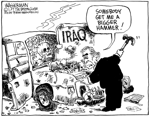 Editorial Cartoon by Dan Wasserman, Boston Globe on Bush Calls for Escalation