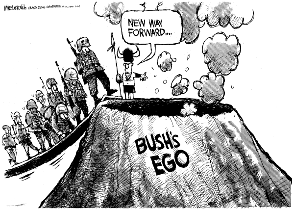 Editorial Cartoon by Mike Luckovich, Atlanta Journal-Constitution on Bush Calls for Escalation