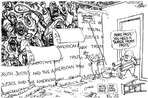 Editorial Cartoon by Pat Oliphant, Universal Press Syndicate on Bush Calls for Escalation