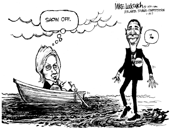 Editorial Cartoon by Mike Luckovich, Atlanta Journal-Constitution on Obama, Clinton Declare