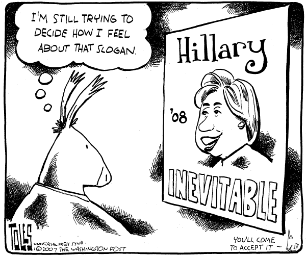 Editorial Cartoon by Tom Toles, Washington Post on Obama, Clinton Declare