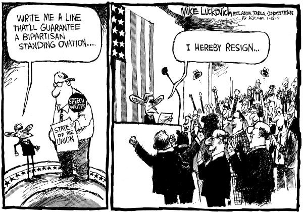 Editorial Cartoon by Mike Luckovich, Atlanta Journal-Constitution on Union Strong, Bush Says