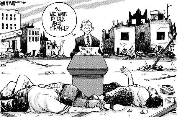 Editorial Cartoon by Drew Sheneman, Newark Star Ledger on Union Strong, Bush Says