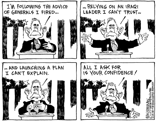 Editorial Cartoon by Dan Wasserman, Boston Globe on Union Strong, Bush Says
