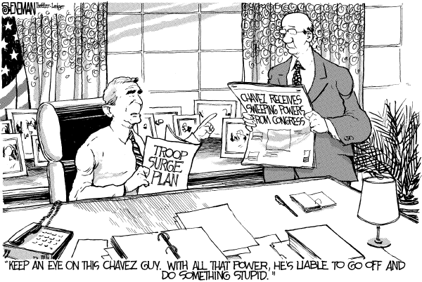 Editorial Cartoon by Drew Sheneman, Newark Star Ledger on Bush Seeks Expanded Powers