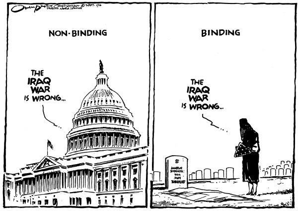 Editorial Cartoon by Jack Ohman, The Oregonian on Congress, Bush Clash on Iraq
