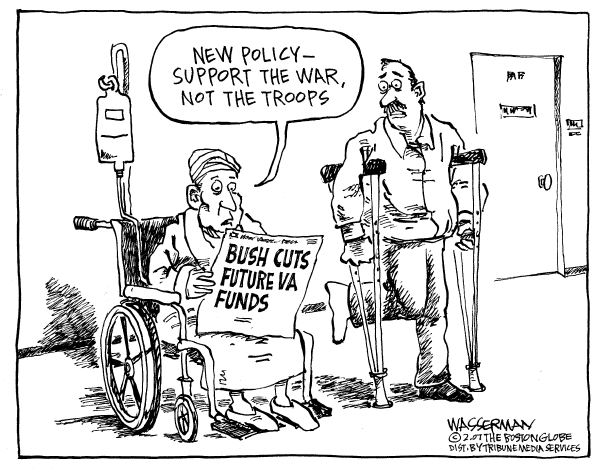 Editorial Cartoon by Dan Wasserman, Boston Globe on White House Focuses on Troops