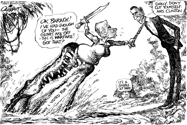 Editorial Cartoon by Pat Oliphant, Universal Press Syndicate on Hillary Hurt By War Vote