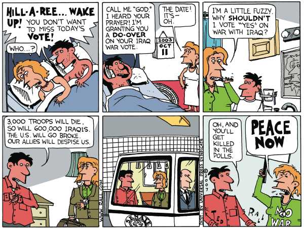 Editorial Cartoon by Ted Rall on Hillary Hurt By War Vote