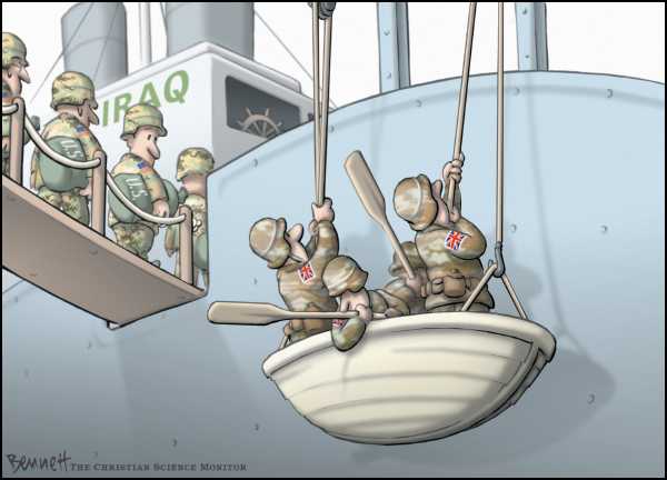 Editorial Cartoon by Clay Bennett, Christian Science Monitor on British Begin Pullout