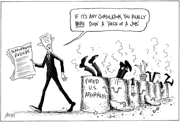 Editorial Cartoon by Tony Auth, Philadelphia Inquirer on Gonzales Purges US Attorneys