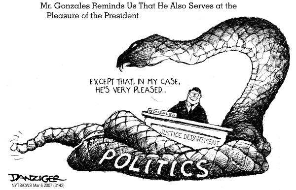 Editorial Cartoon by Jeff Danziger, CWS/CartoonArts Intl. on Gonzales Purges US Attorneys