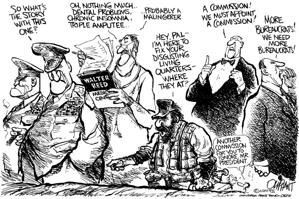 Editorial Cartoon by Pat Oliphant, Universal Press Syndicate on US Soldiers Treated Inhumanely