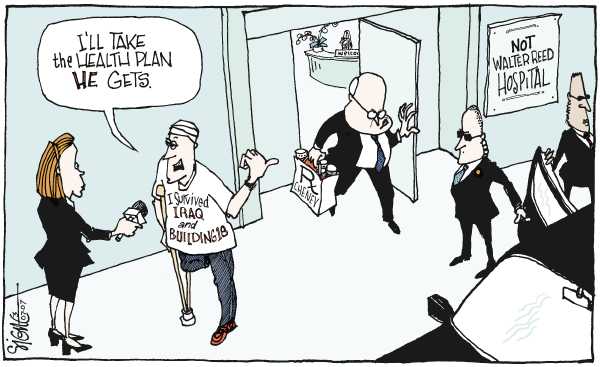 Editorial Cartoon by Signe Wilkinson, Philadelphia Daily News on US Soldiers Treated Inhumanely