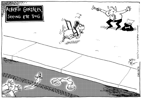 Editorial Cartoon by Joel Pett, Lexington Herald-Leader, CWS/CartoonArts Intl. on Gonzales Doing Hell of a Job