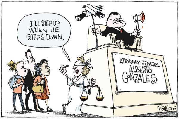 Editorial Cartoon by Signe Wilkinson, Philadelphia Daily News on Gonzales Doing Hell of a Job