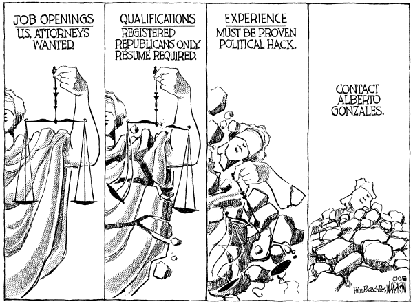 Editorial Cartoon by Don Wright, Palm Beach Post on Gonzales Doing Hell of a Job