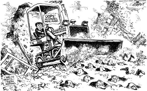 Editorial Cartoon by Pat Oliphant, Universal Press Syndicate on Gonzales Doing Hell of a Job