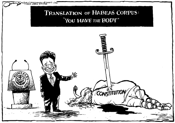Editorial Cartoon by Jack Ohman, The Oregonian on Gonzales Overview (older cartoons)