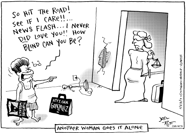 Editorial Cartoon by Joel Pett, Lexington Herald-Leader, CWS/CartoonArts Intl. on Gonzales Overview (older cartoons)