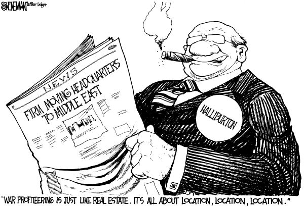 Editorial Cartoon by Drew Sheneman, Newark Star Ledger on Haliburton Announces Move to Dubai