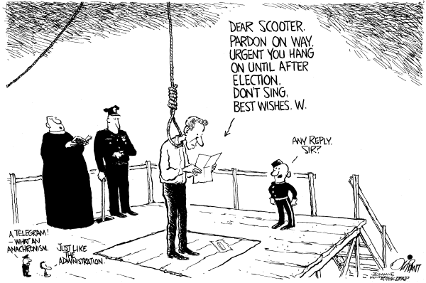 Editorial Cartoon by Pat Oliphant, Universal Press Syndicate on Libby Awaits Pardon
