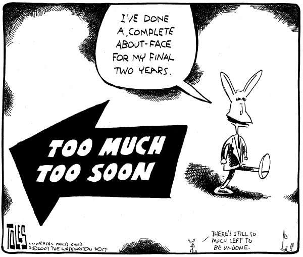 Editorial Cartoon by Tom Toles, Washington Post on President Makes No Apologies
