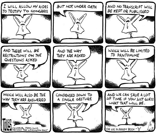 Editorial Cartoon by Tom Toles, Washington Post on Gonzales Still Doing Hell of a Job
