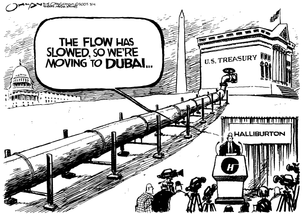 Editorial Cartoon by Jack Ohman, The Oregonian on Haliburton Moving to Dubai