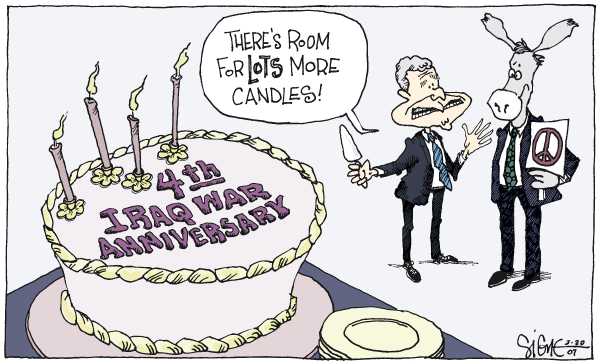 Editorial Cartoon by Signe Wilkinson, Philadelphia Daily News on Iraq War Reaches Milestone