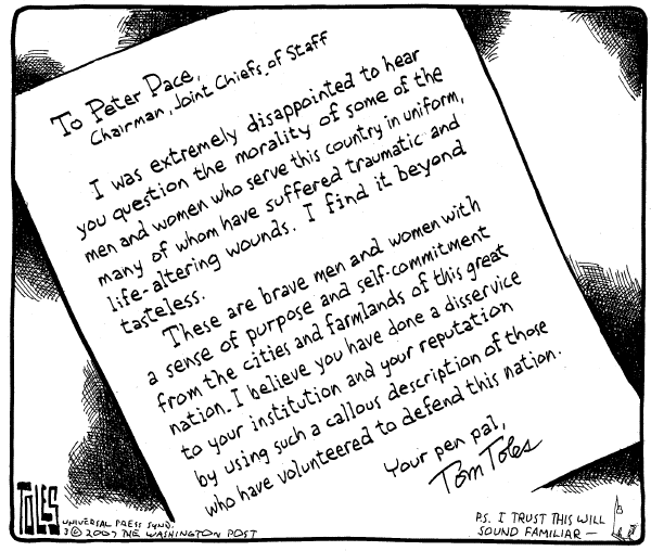 Editorial Cartoon by Tom Toles, Washington Post on Gays Immoral, General Says