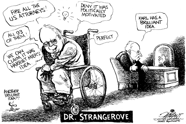 Editorial Cartoon by Pat Oliphant, Universal Press Syndicate on Rove Doing A Hell of A Job