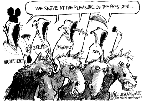 Editorial Cartoon by Mike Luckovich, Atlanta Journal-Constitution on Bush: Gonzales Doing a Heck of a Job